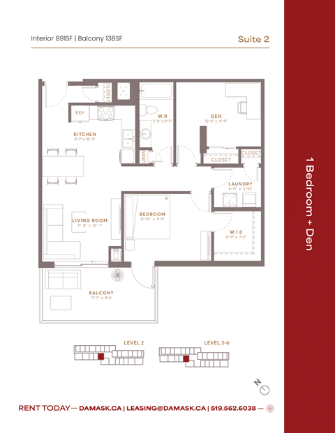 Floor plan for 1 bed, 1 bath, 891 sqft